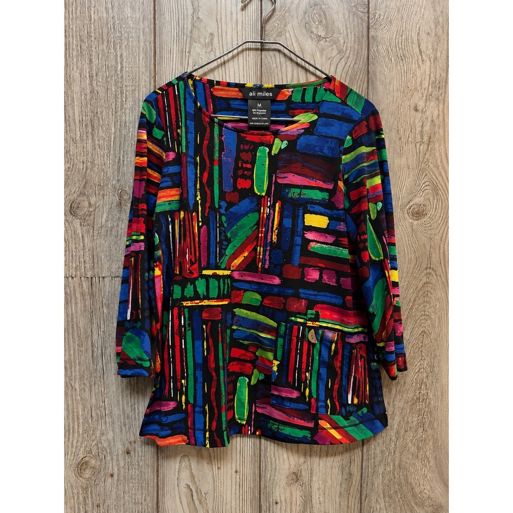 Ali Miles Women Medium Multicolor Abstract Beaded 3/4 Sleeve Tunic Blouse Top